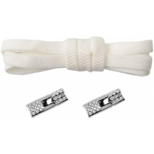 Foto - Elastické šnúrky do topánok široké so zacvakávacou štrasovou sponou, jeden pár - Biele, 100 cm