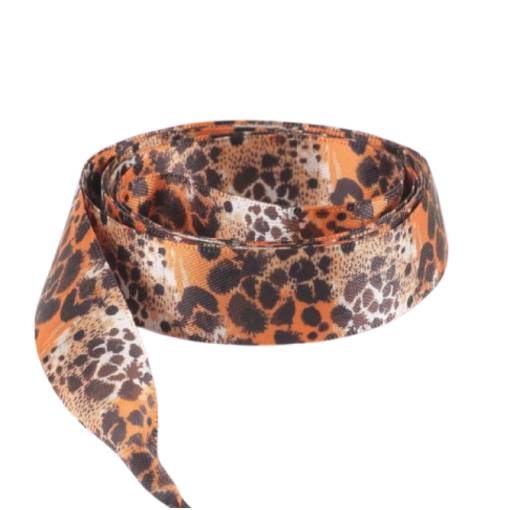 Foto - Saténové stuhové tkaničky s leopardím vzorem, jeden pár - Hnedo oranžové, 120 cm
